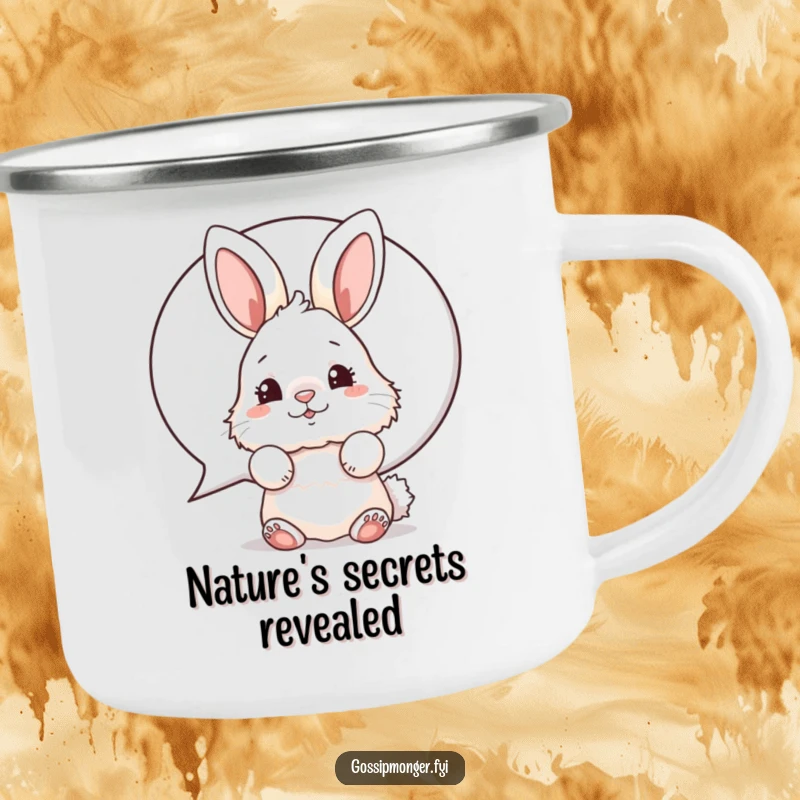 Funny bunny camping mug featuring a fluffy rabbit peeking with a wiggling nose, perfect for outdoor humor.