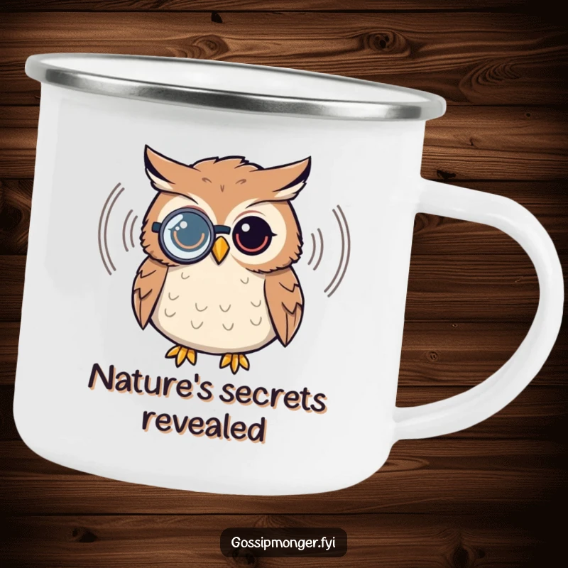 Funny owl character camping mug, wearing a monocle, listening to a sound wave, enamel finish, durable for outdoor use.