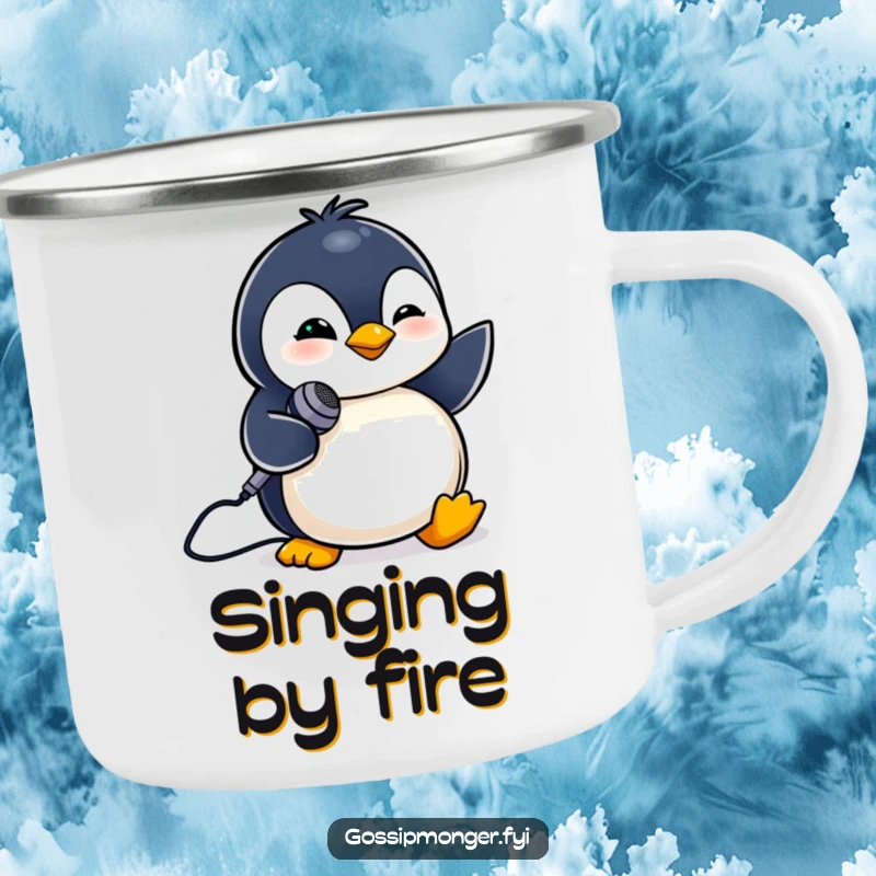 Funny camping mug with a tiny penguin winking and holding a miniature microphone. Outdoor performer.