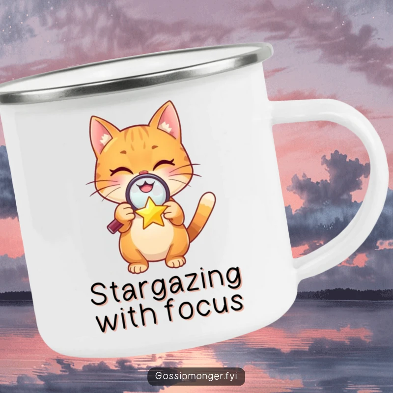 Funny camping mug with a cheerful orange cat holding a magnifying glass over a tiny, winking star, perfect for outdoor adventures.