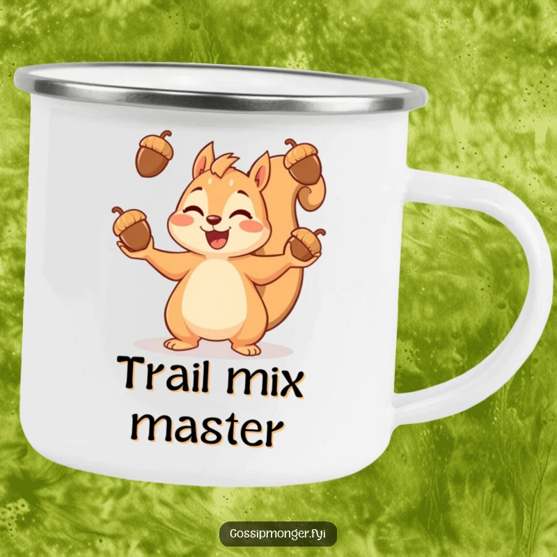 Funny camping mug with a cheerful squirrel juggling acorns, perfect for outdoor enthusiasts and nature lovers.