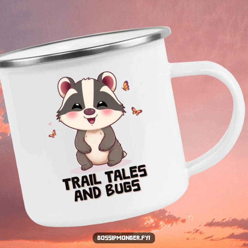 Funny Camping Mug: Giggling badger with butterfly wings, perfect for funny outdoor chats, a cool funny gift.