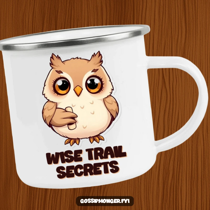 Funny plump happy owl with wide curious eyes, holding a tiny rolled-up scroll, durable camping mug.