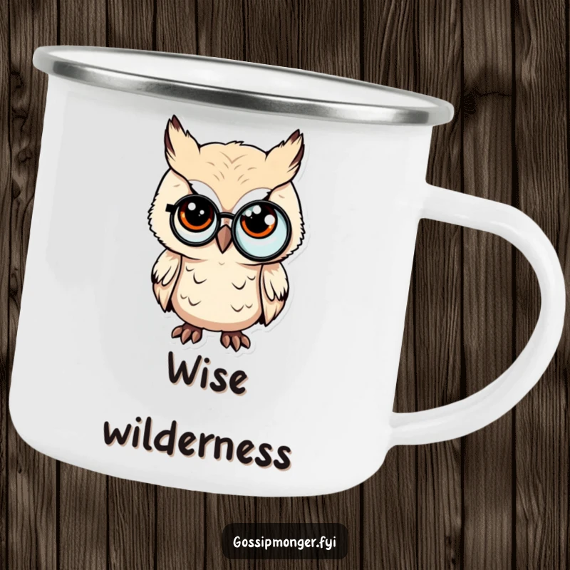 Funny camping mug with a tiny owl wearing a monocle, slyly winking, for sophisticated outdoor humor.