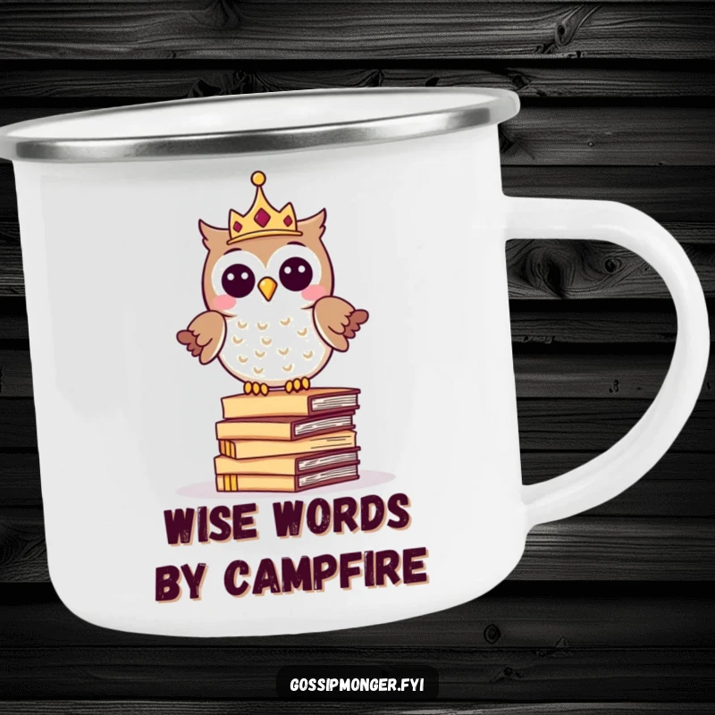 Funny camping mug with a giggling crowned owl balancing on whispering letters, for wise and humorous outdoor storytelling.