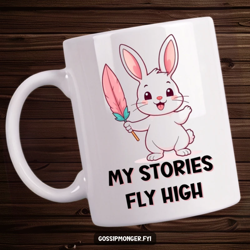 Funny Mug featuring a cheerful bunny artistically holding a large, vibrant feather quill, ready to write a funny story.
