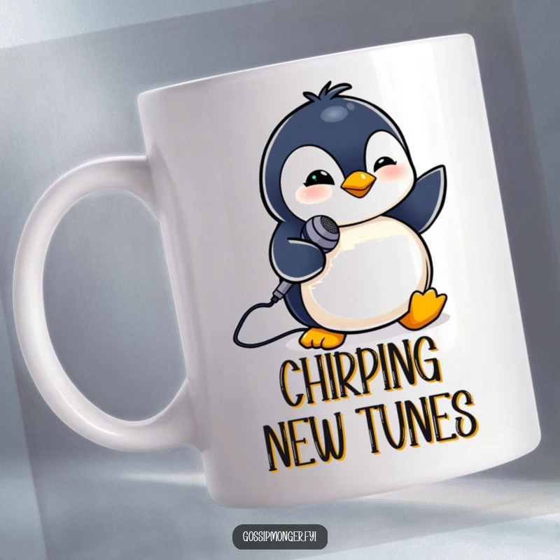 Funny mug with a tiny penguin winking charmingly while holding a miniature microphone. Ready to perform.