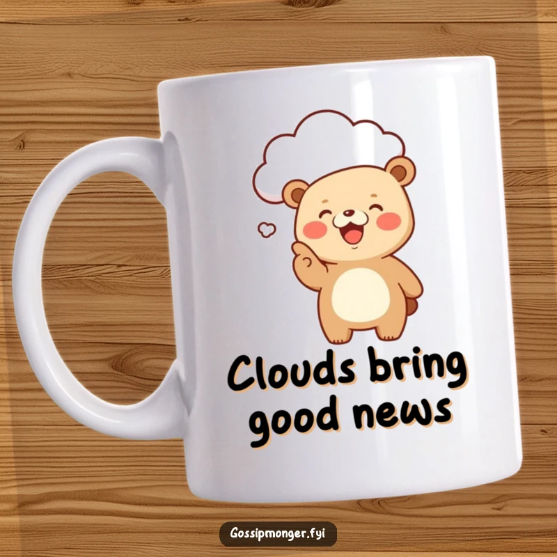 Funny Kawaii Bear Mug: A giggling, cute bear excitedly points at a floating cloud, implying shared gossip and amusement.