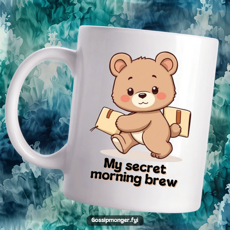 Funny bear cub mug, tiptoeing stealthily with a secret package behind its back, cute and mischievous expression.