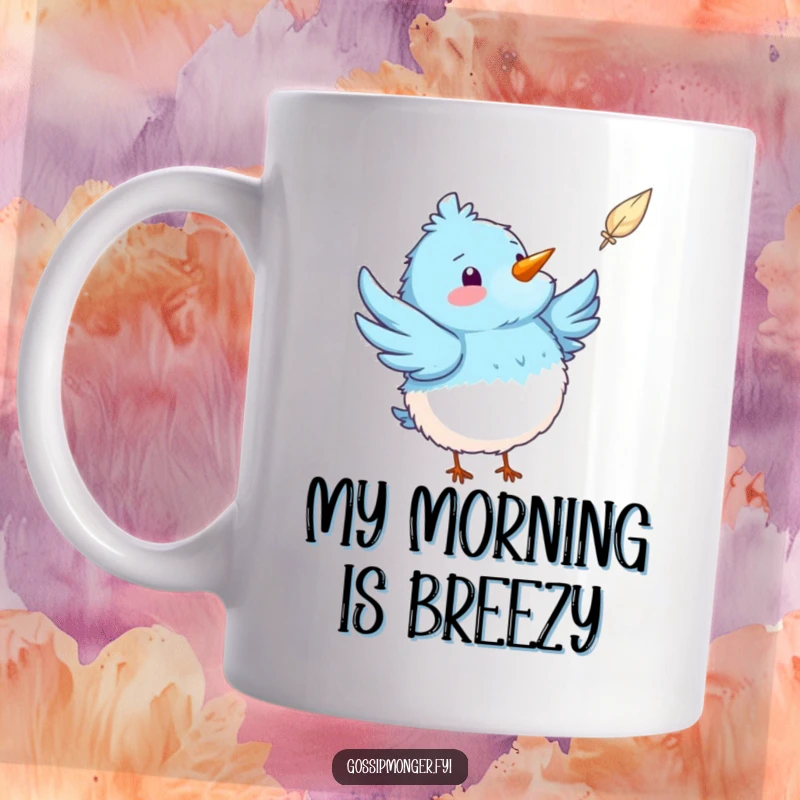 Funny blue bird mug showing a fluffy bird excitedly pointing a wing at a whimsical floating feather, celebrating a moment of carefree joy.