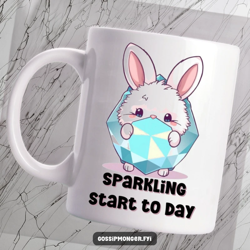 Funny mug with a fluffy bunny peeking from behind a large, sparkly gemstone. Cute and whimsical.