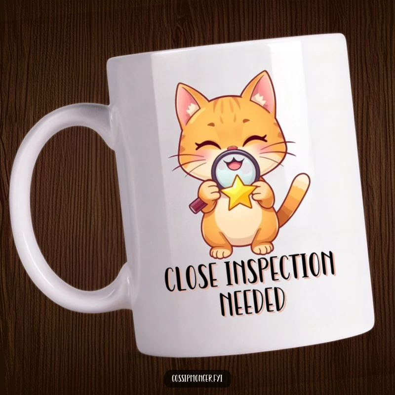 Funny mug featuring a cheerful orange cat using a magnifying glass to examine a tiny, winking star, embodying cute curiosity.