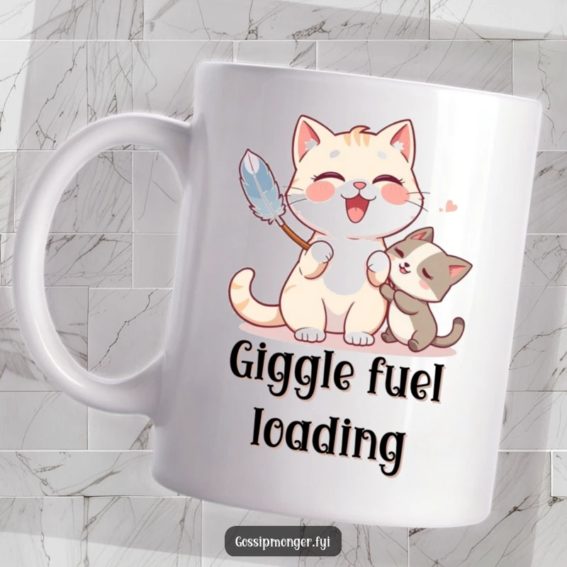 Funny mug featuring a giggling cat playfully tickling a friend with a feather duster, spreading infectious joy.