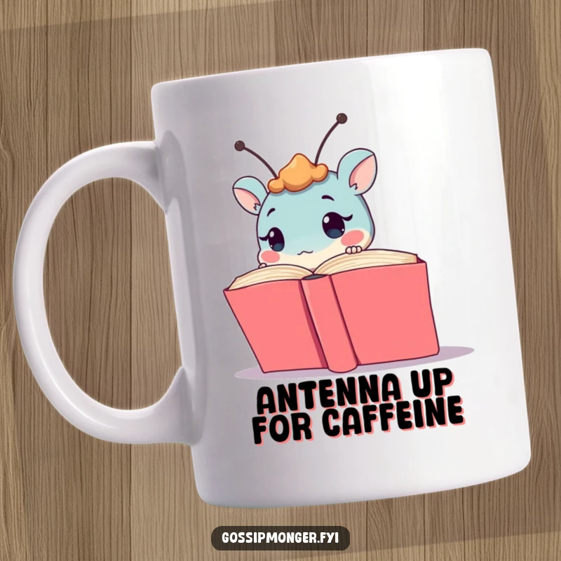 Funny curious creature with twitching antennae peeking from behind a large open book, expressing intrigue and playful mischief on this humorous mug.