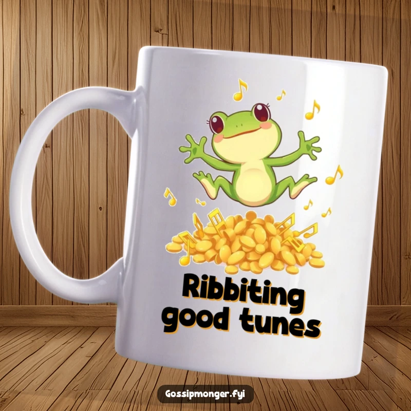 Funny mug featuring a small green frog joyfully leaping from a pile of golden musical notes, full of energy.