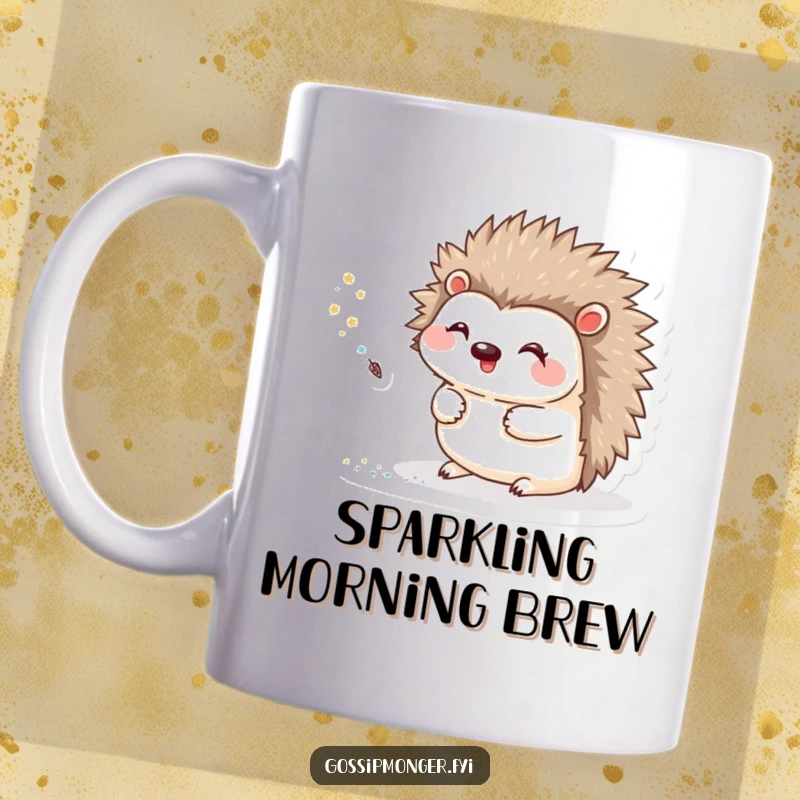 Funny Mug featuring a happy hedgehog using a tiny quill to create a shimmering trail of glitter, symbolizing creativity.