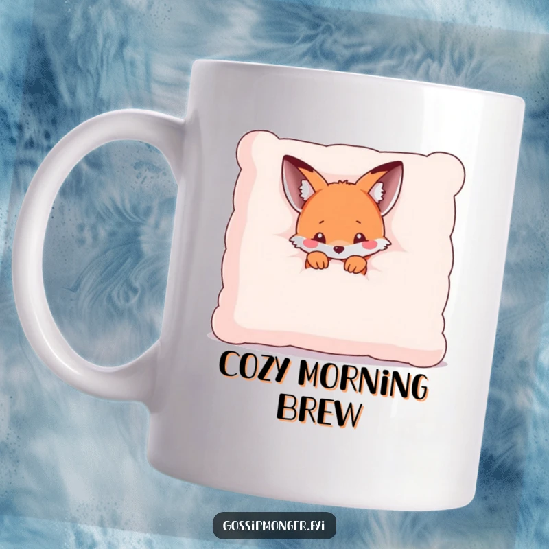Funny mug featuring a tiny kawaii fox peeking shyly from behind a giant, plush pillow, embodying adorable hide-and-seek.