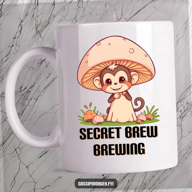 Funny mug featuring a mischievous monkey peeking and eavesdropping from behind a giant, colorful mushroom.