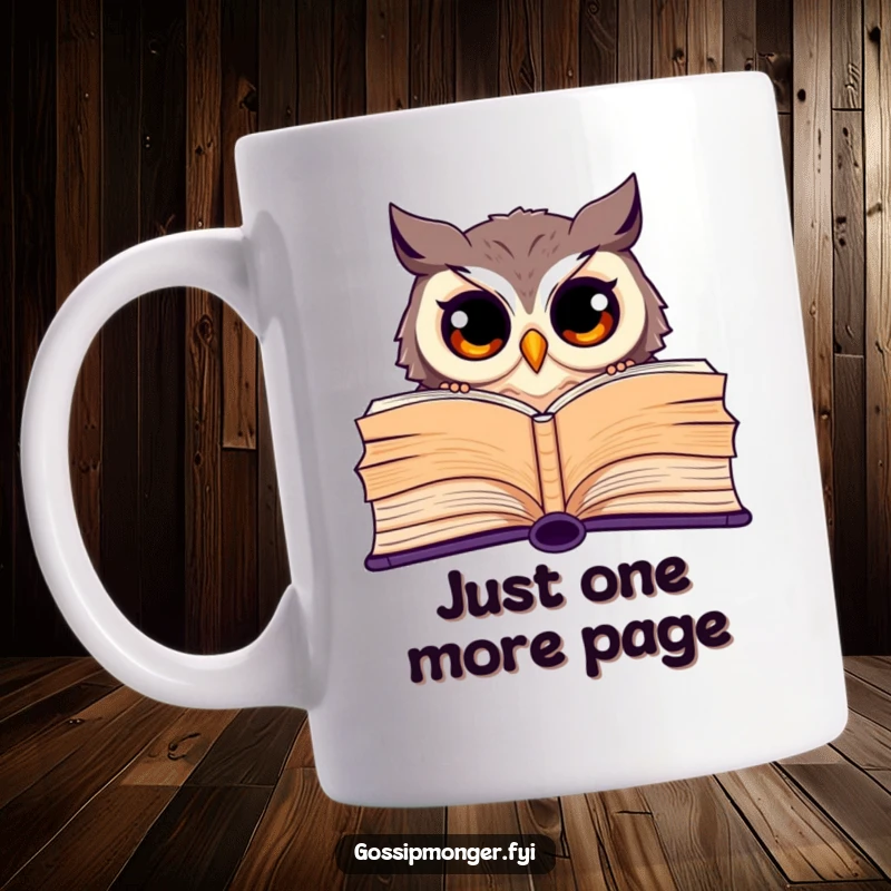 Funny mug with a curious owl with wide eyes peeking from behind a giant open book, showcasing a love for reading.