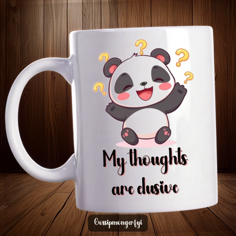 Funny mug featuring a giggling panda bear joyfully juggling three glowing question marks, radiating amusement and curiosity.