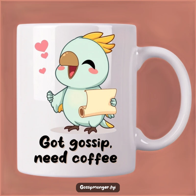 Funny Parrot Gossip Mug: Chatty Bird with Scroll, Perfect Humorous Gift
