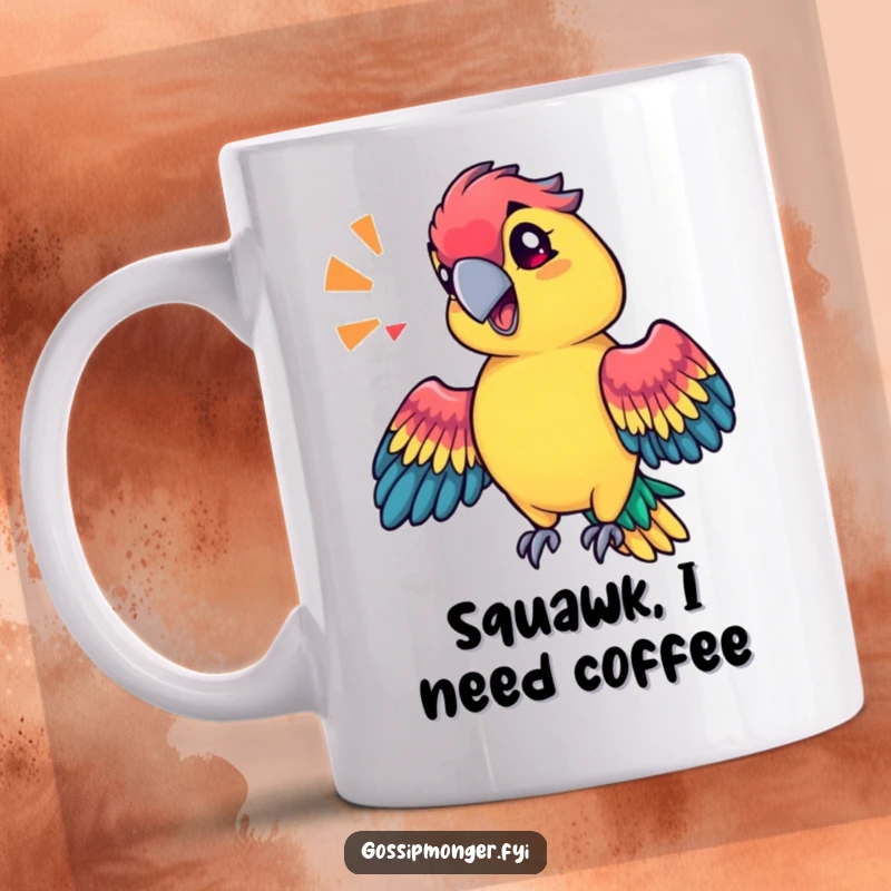 Funny technicolor parrot with a sassy tilt of its head, mimicking a sound effect with its wings, vibrant and loud mug.