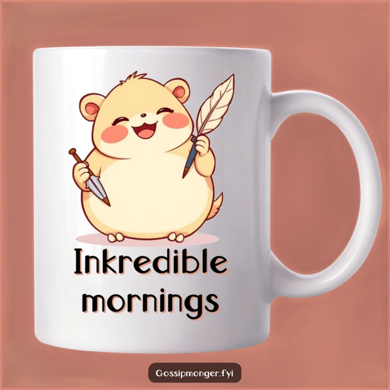 Funny Scribe Creature Mug: Smiling with Quill, Perfect Humorous Writer's Gift!