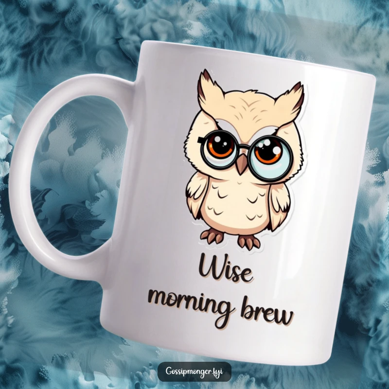Funny mug featuring a tiny owl wearing a monocle, slyly winking with a sophisticated and humorous expression.