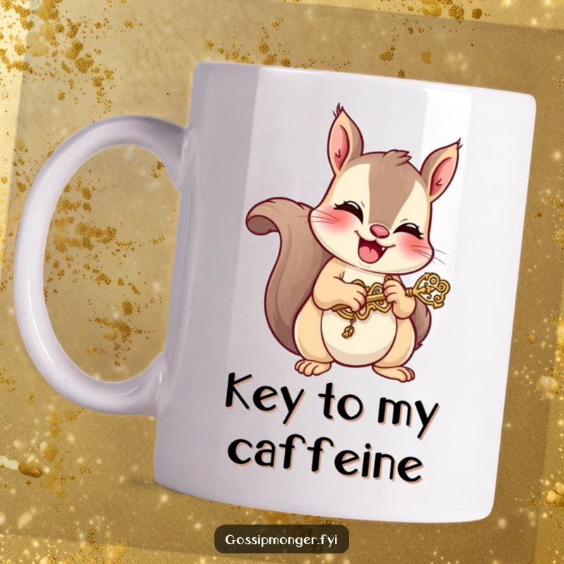 Funny mug with a mischievous squirrel giggling as it holds a tiny, ornate key, suggesting a hidden secret or treasure with playful intent.