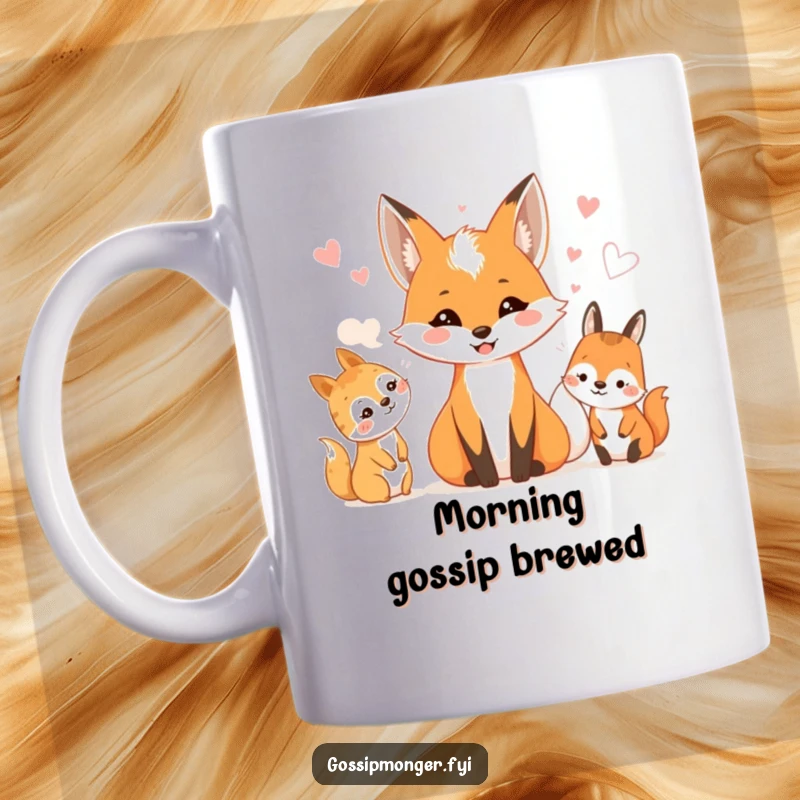 Funny mug with a smiling fox whispering secrets to a group of happy woodland creatures.