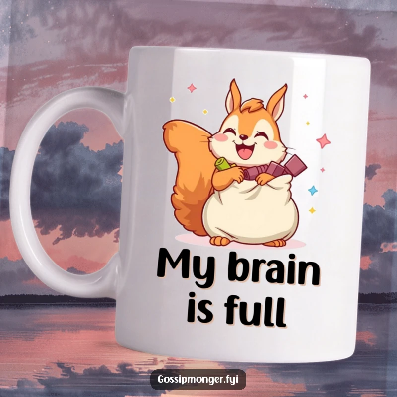 Funny mug featuring a joyful squirrel with legs overflowing bag of imaginary secrets, ready for a chuckle.