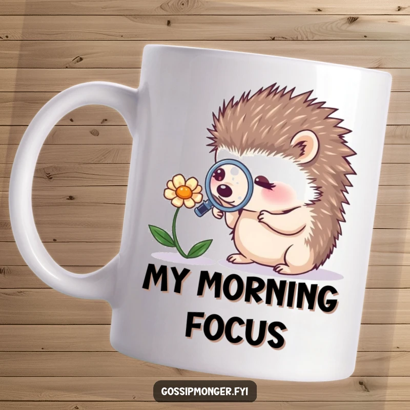 Funny tiny hedgehog holding a magnifying glass, looking closely at a whispering flower on a ceramic coffee mug, great gift.