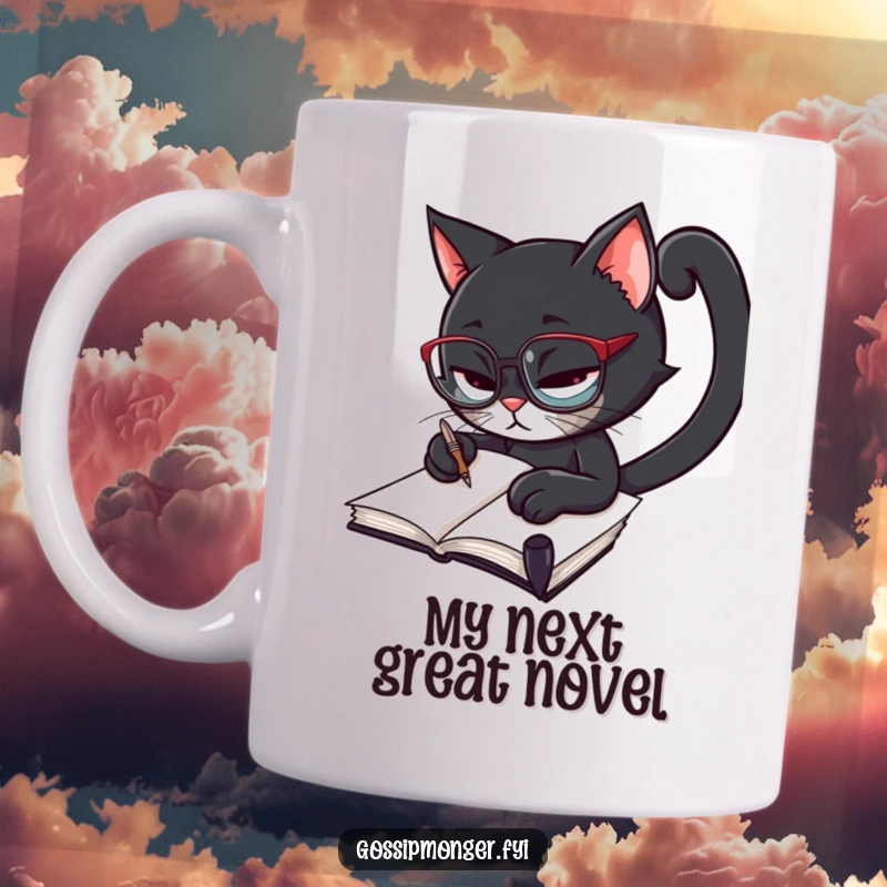 Funny black cat wearing spectacles, furiously writing in a notebook with a quill, seated at a desk, perfect gift for writers.