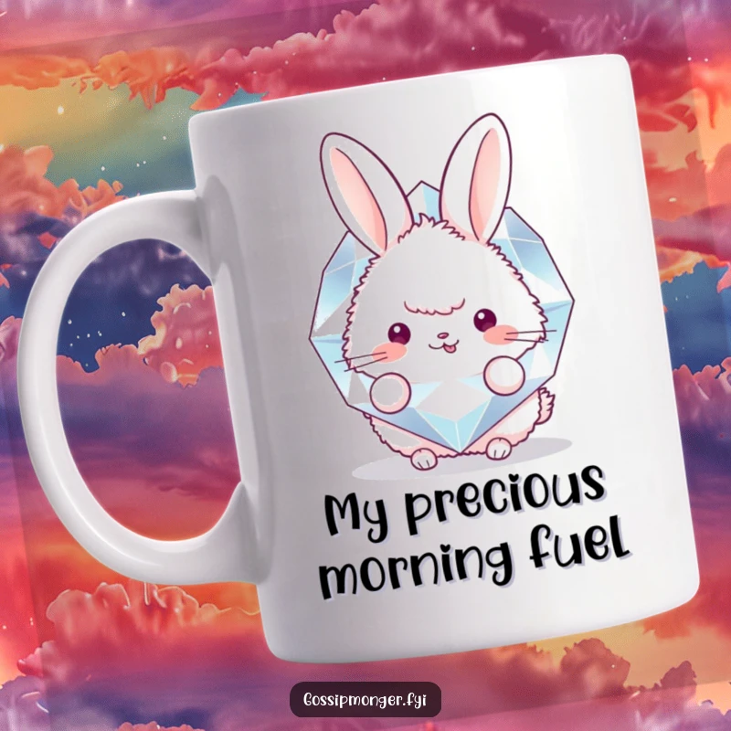 Funny mug showcasing a round, fluffy bunny peeking playfully from behind a massive, sparkling diamond, expressing shy delight and adoration.