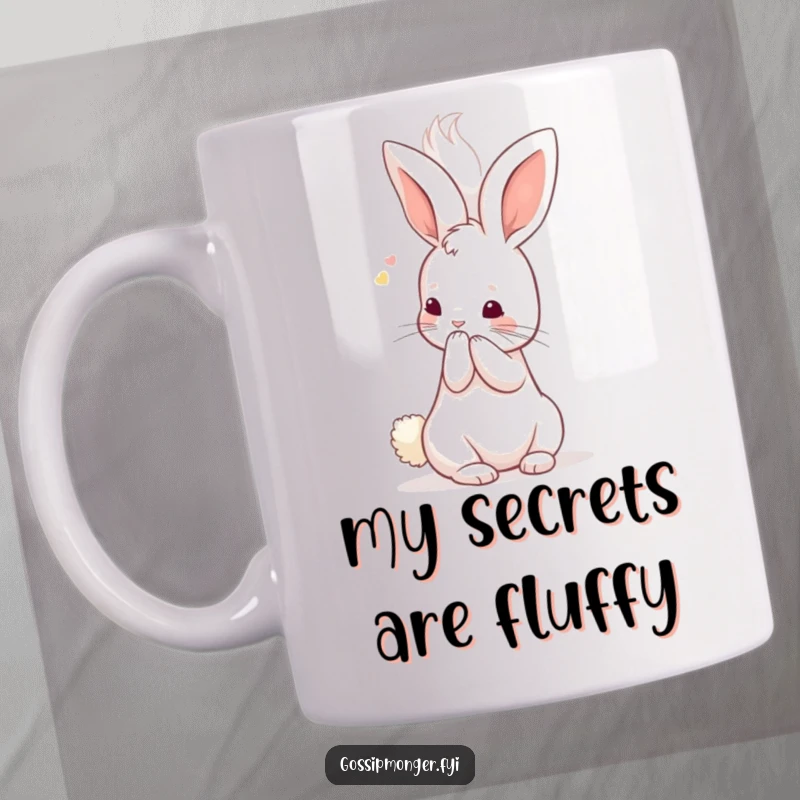 Funny Kawaii Rabbit Mug: A tiny, cute bunny whispers into a giant fluffy ear, sharing secrets with a mischievous expression.