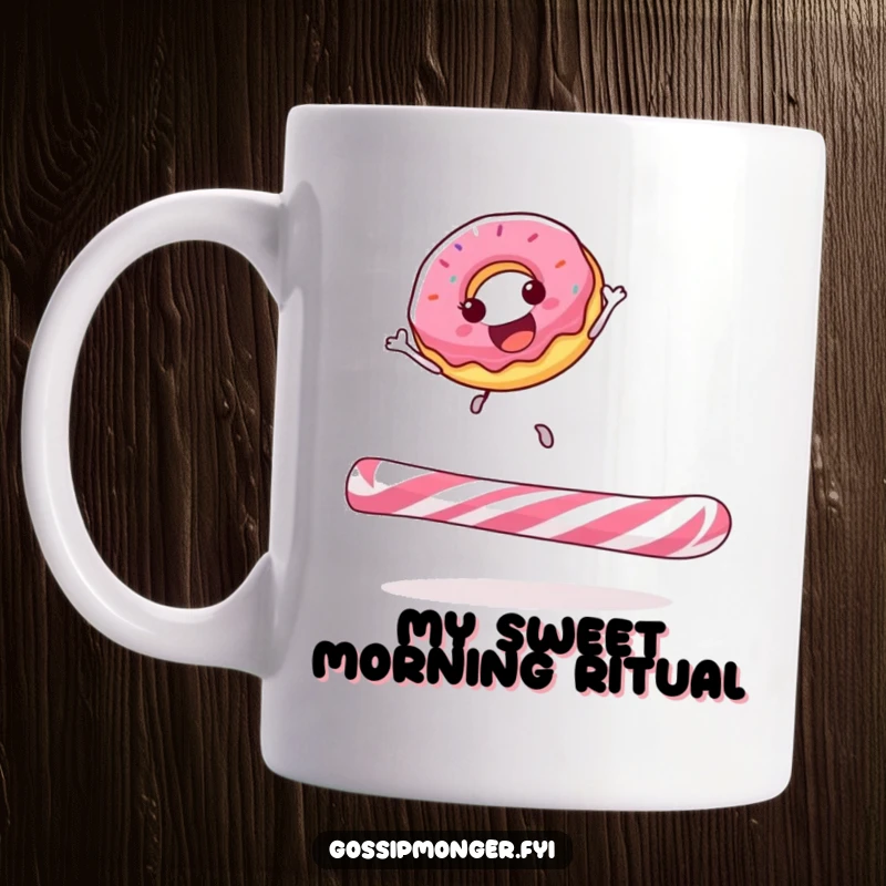 Funny donut mug with a happy donut gleefully bouncing on a giant candy cane, celebrating sweet and sugary fun.
