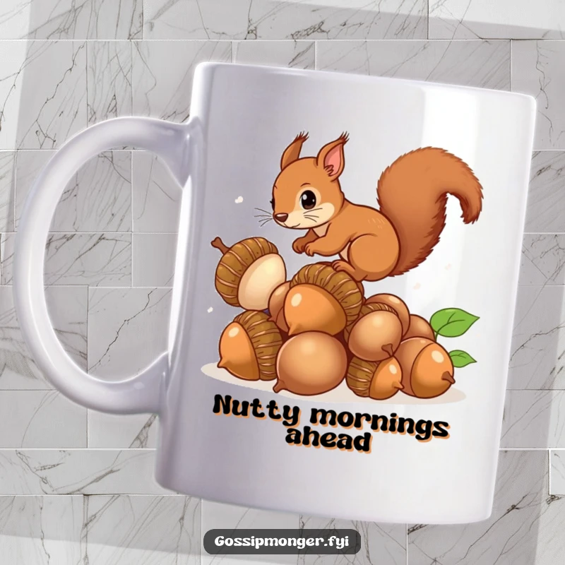 Funny Squirrel Acorns Mug: A brown squirrel with a bushy tail balances on a huge stack of shiny acorns, looking curious and ambitious.