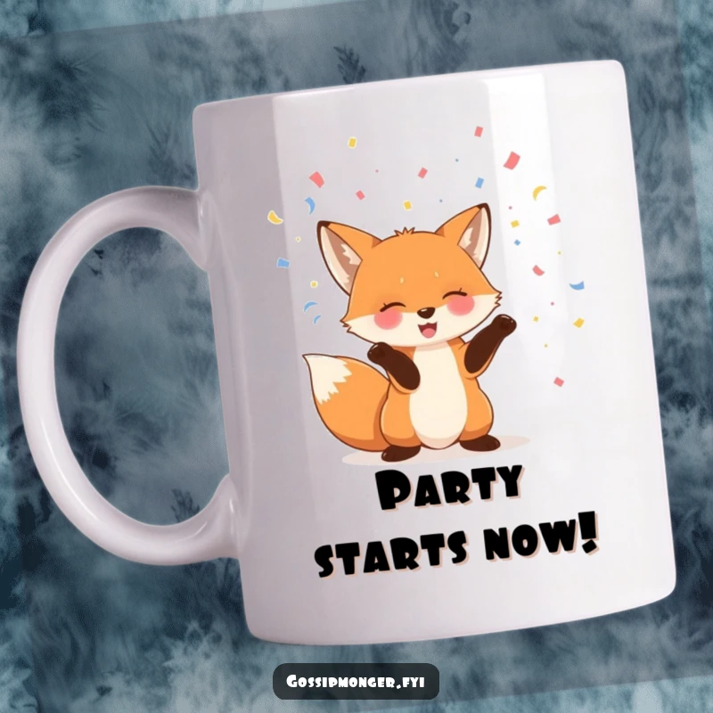 Funny fox mug featuring a giggling fox playfully tossing confetti into the air with its paws, radiating happiness.