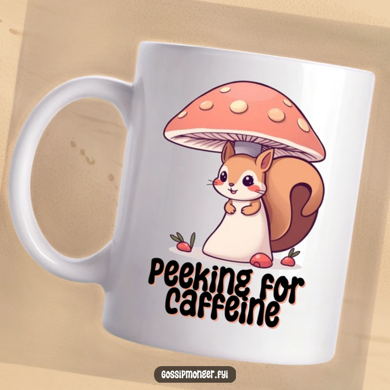 Funny curious squirrel mug, peeking playfully from behind a giant mushroom, showcasing woodland mischief and charming, nature-inspired humor.