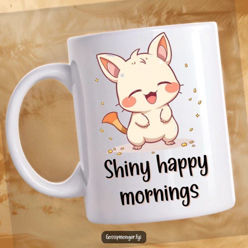 Funny creature with a pointy tail giggling mischievously while scattering tiny, shiny objects, capturing a moment of playful delight on this mug.