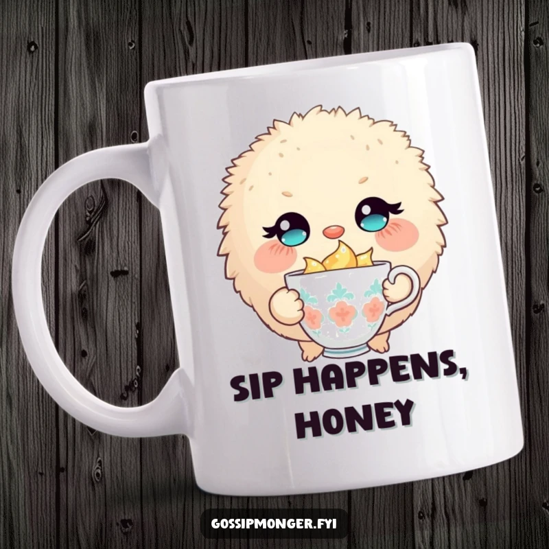Funny mug featuring a round, fluffy creature with big eyes slyly winking while holding a tiny, overflowing teacup.