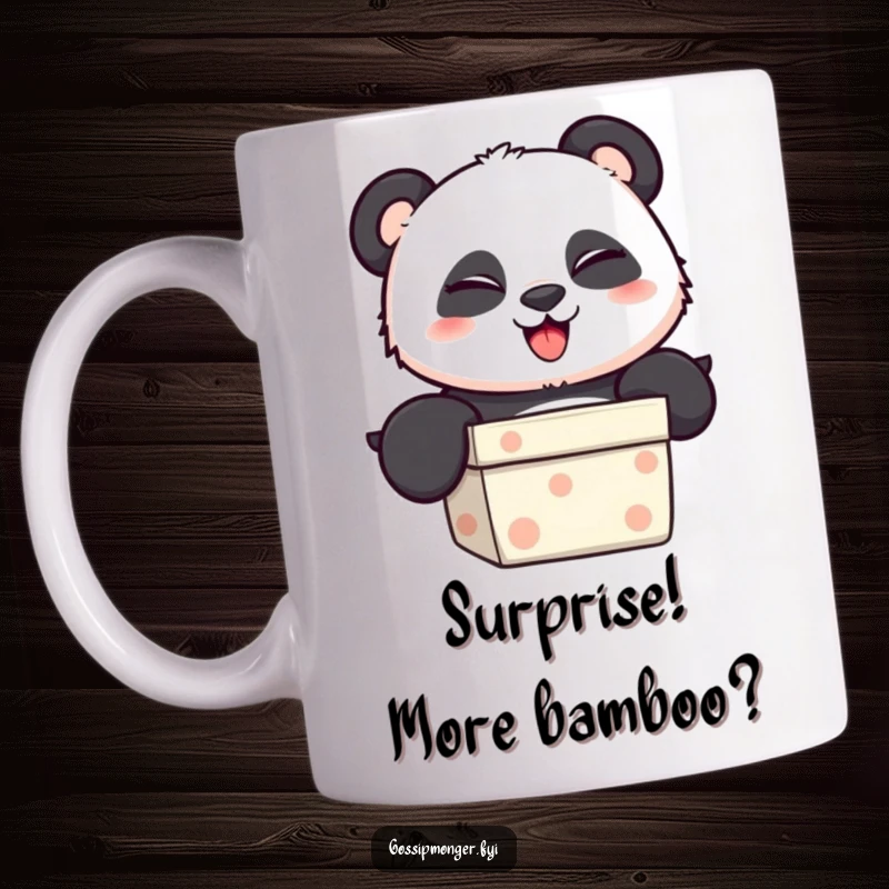 Funny Mug featuring a cute panda peeking out of a gift box, giving a mischievous wink, symbolizing fun surprises.