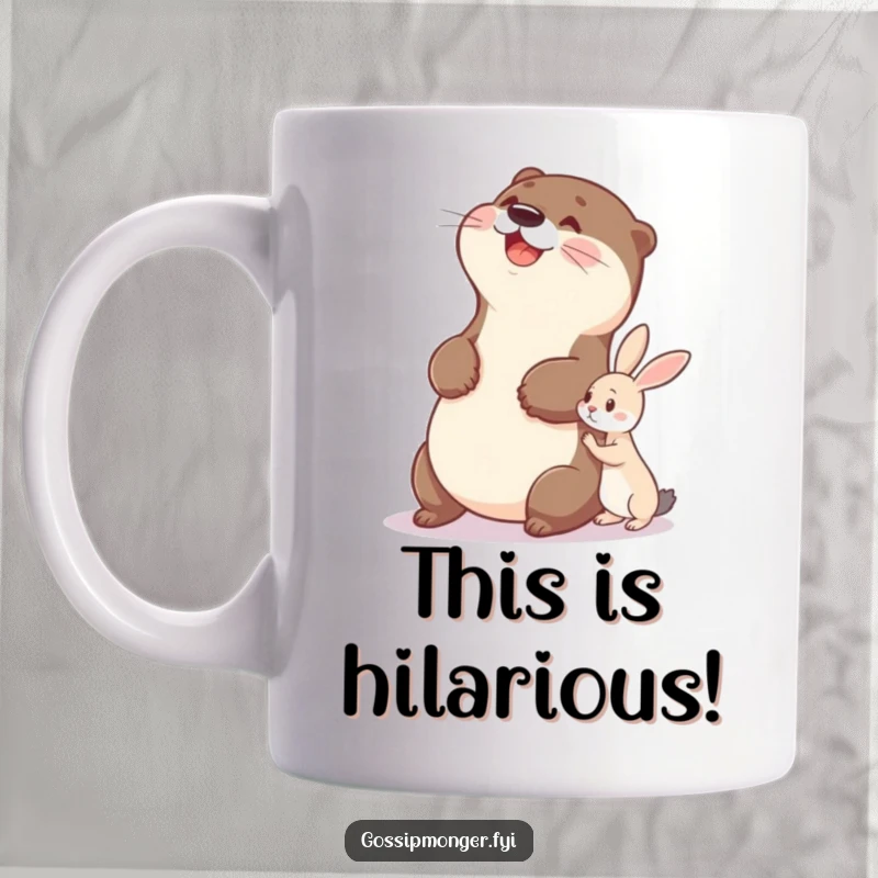 Funny otter mug showing a delighted otter slapping its belly in amusement while watching a tiny rabbit whisper a secret.