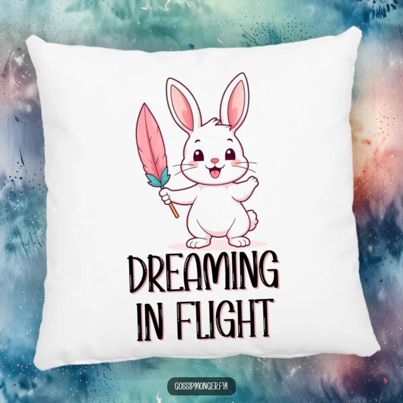 Funny Pillow featuring a cheerful bunny holding a feather quill, offering comfort and a touch of whimsical art.
