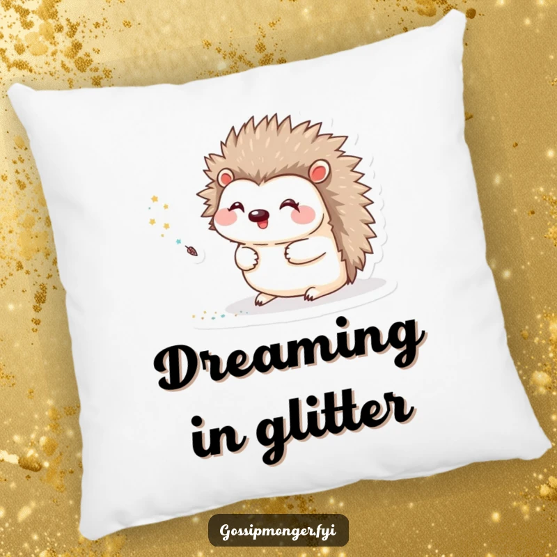 Funny Pillow featuring a happy hedgehog artist leaving a shimmering trail of glitter with its tiny quill, for cozy decor.