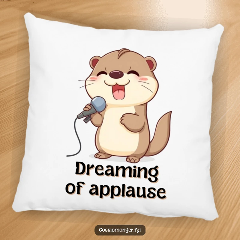 Funny pillow with a giggling otter using a large seashell as a microphone, perfect for a music lover's comfort.