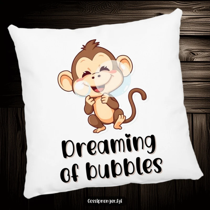 Funny pillow featuring a mischievous monkey with a playful grin, blowing a large, shimmering bubble.