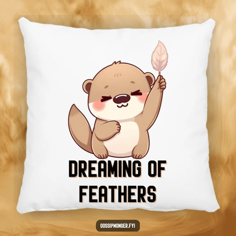Funny playful otter with a knowing smile, holding a delicate shimmering feather aloft, comfortable decorative pillow.