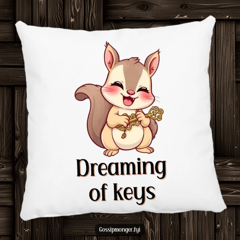Funny pillow featuring a mischievous squirrel giggling while holding a tiny, ornate key, providing comfort and a whimsical decorative accent.