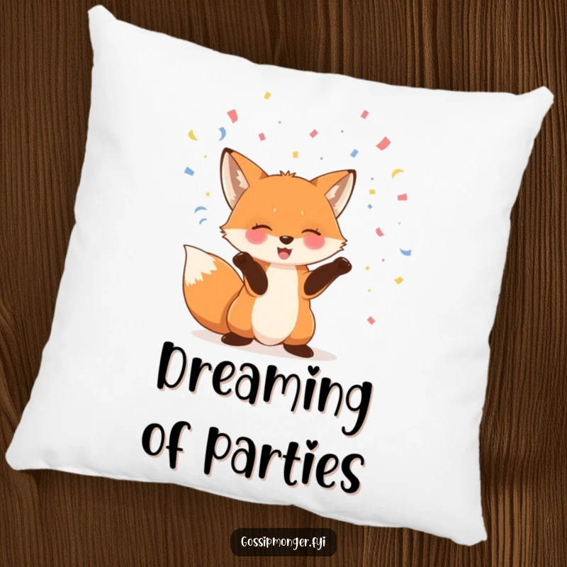 Funny fox pillow featuring a giggling fox playfully throwing confetti into the air with its paws, adding festive flair.